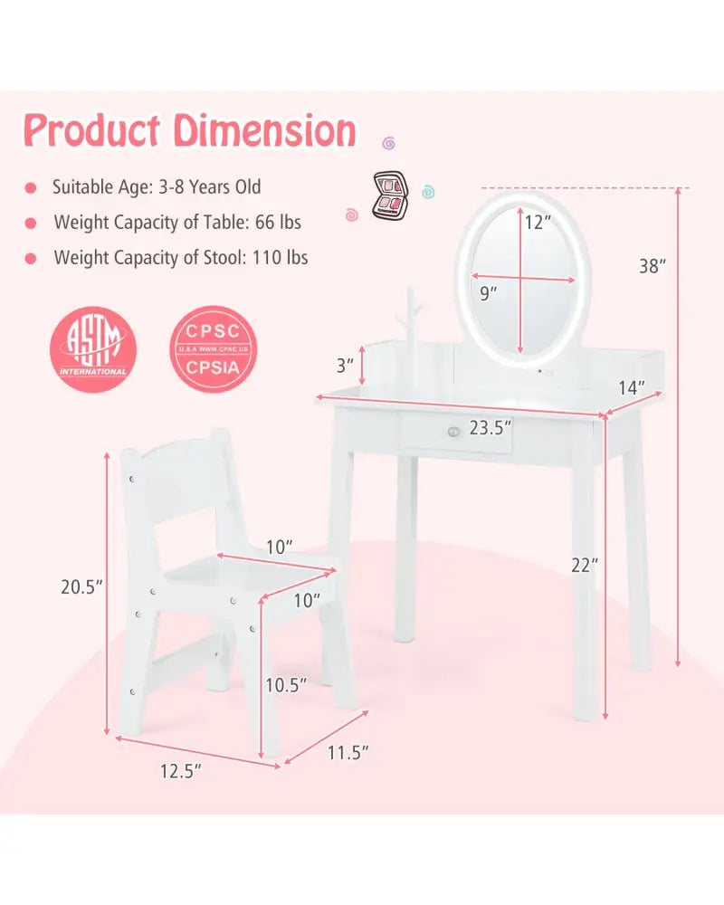 Kids Vanity Set with Lighted Mirror-White - White - Kids Vanities