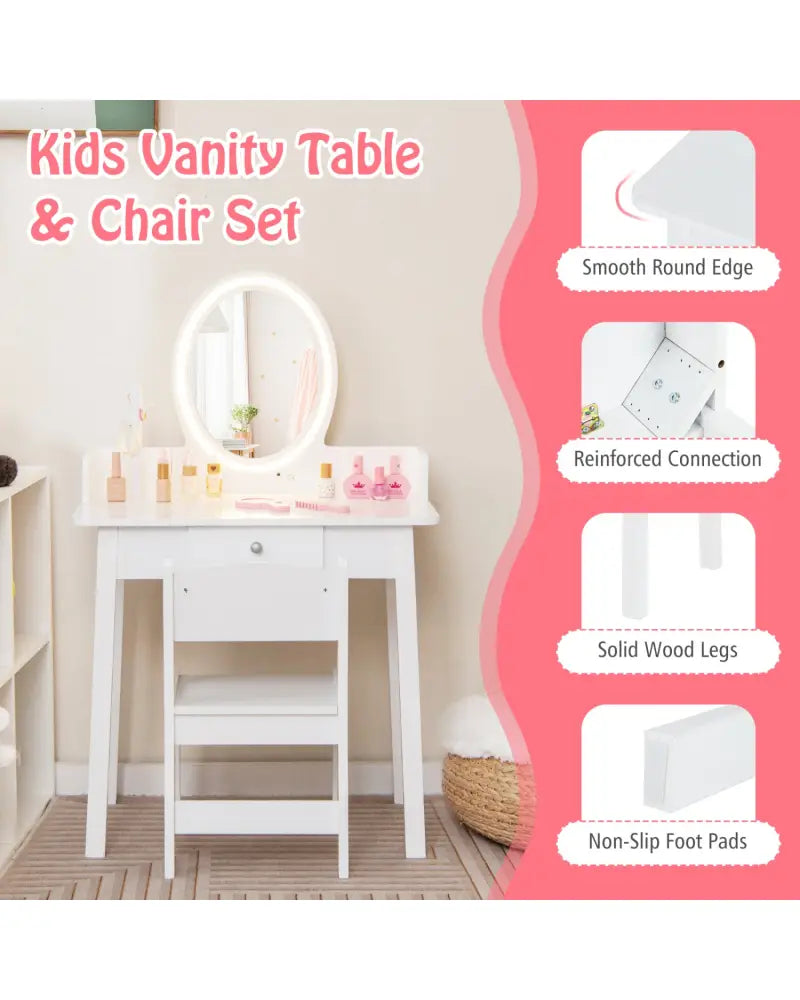 Kids Vanity Set with Lighted Mirror-White - White - Kids Vanities