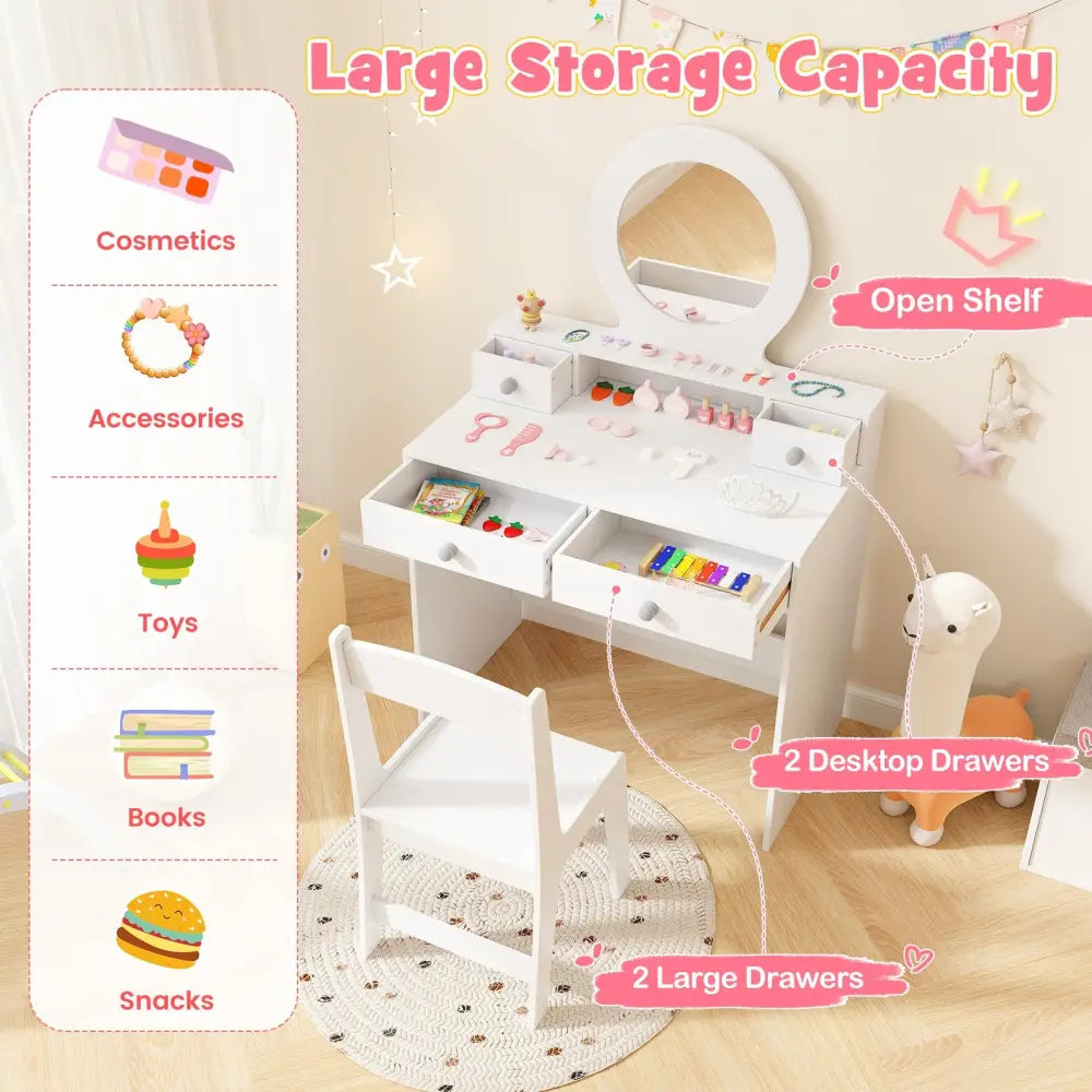 Kids Vanity Set with Mirror Princess Makeup Dressing Desk and Chair Set with Mirror-White - White - Kids Vanities