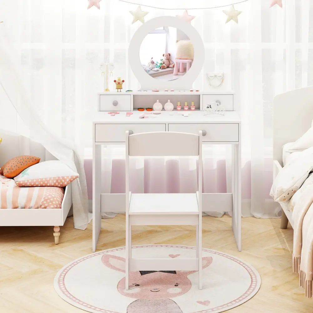 Kids Vanity Set with Mirror Princess Makeup Dressing Desk and Chair Set with Mirror-White - White - Kids Vanities