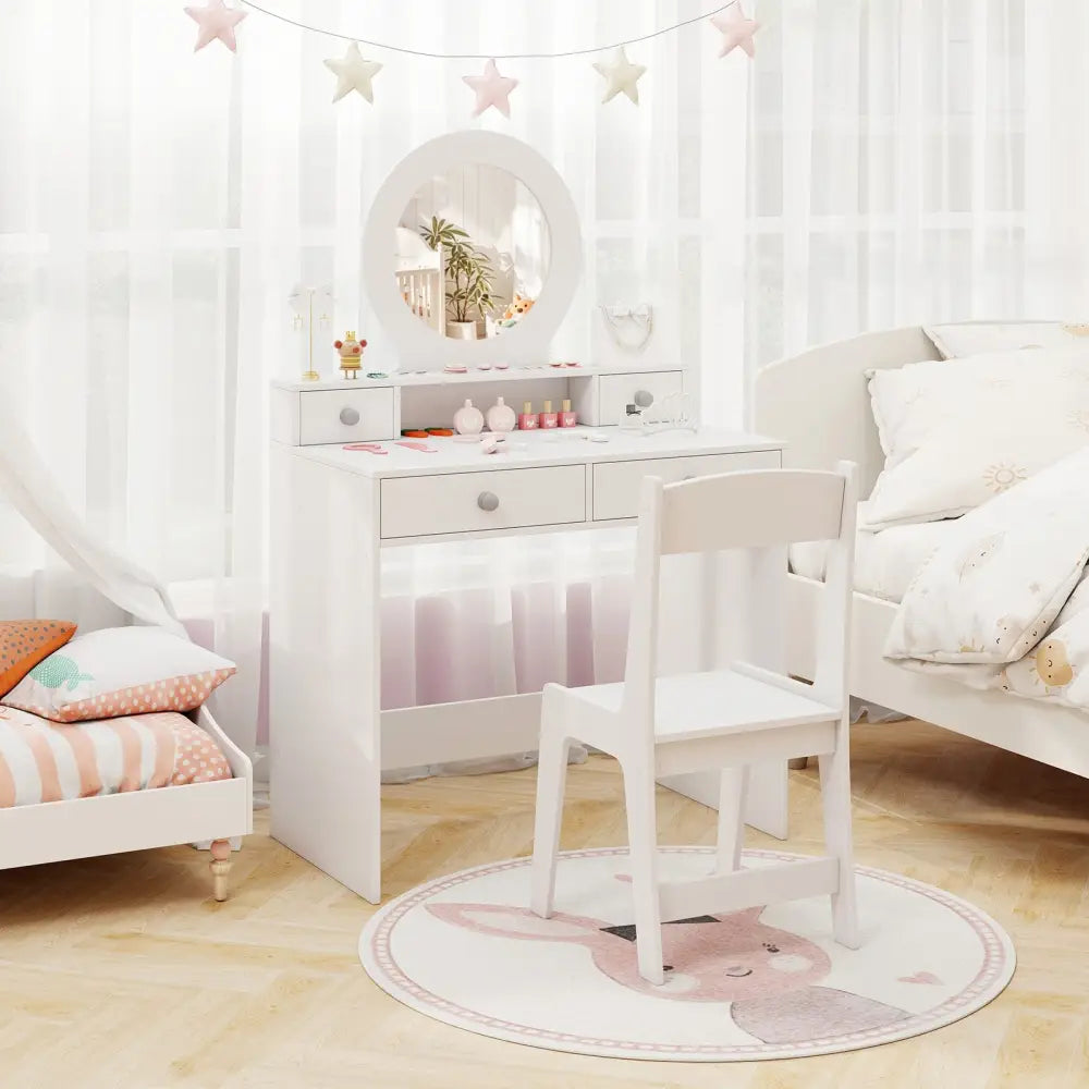 Kids Vanity Set with Mirror Princess Makeup Dressing Desk and Chair Set with Mirror-White - White - Kids Vanities