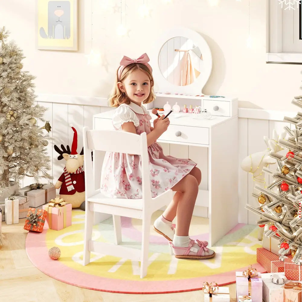 Kids Vanity Set with Mirror Princess Makeup Dressing Desk and Chair Set with Mirror-White - White - Kids Vanities