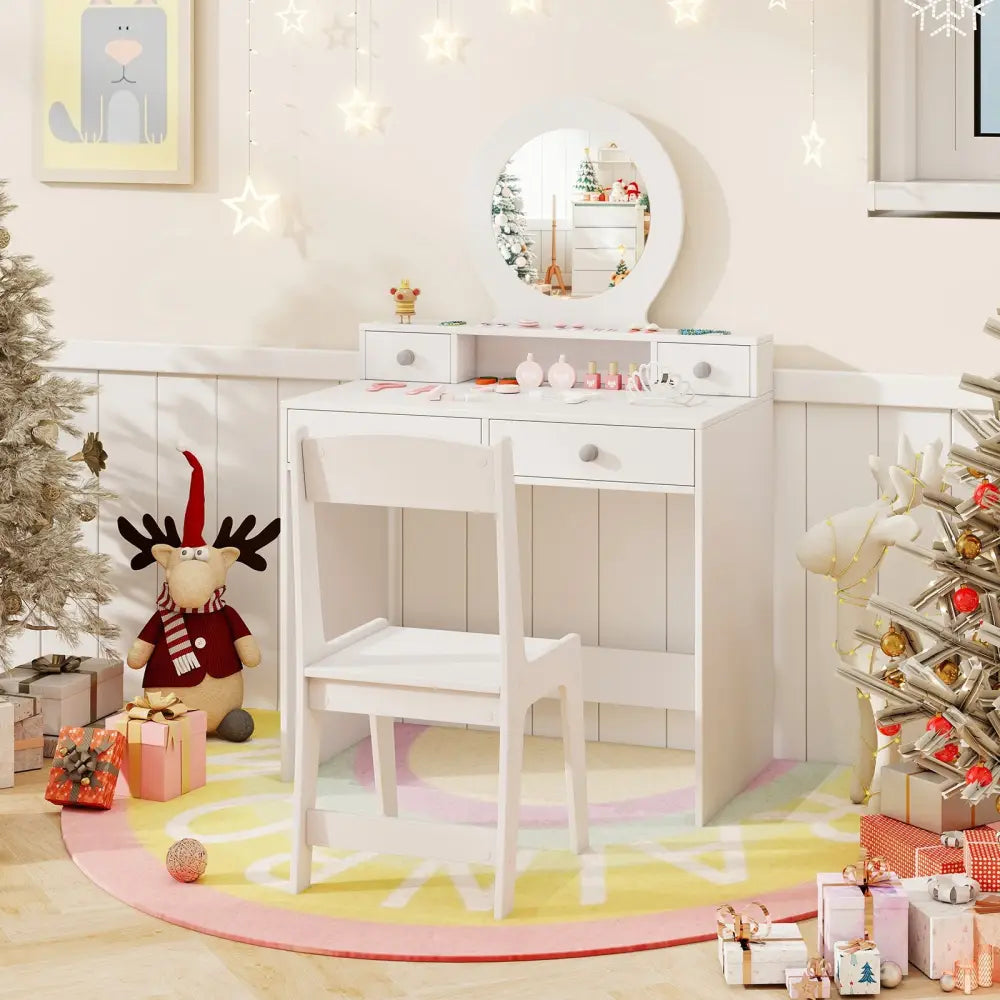 Kids Vanity Set with Mirror Princess Makeup Dressing Desk and Chair Set with Mirror-White - White - Kids Vanities