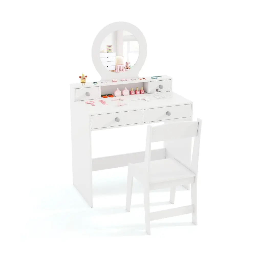Kids Vanity Set with Mirror Princess Makeup Dressing Desk and Chair Set with Mirror-White - White - Kids Vanities