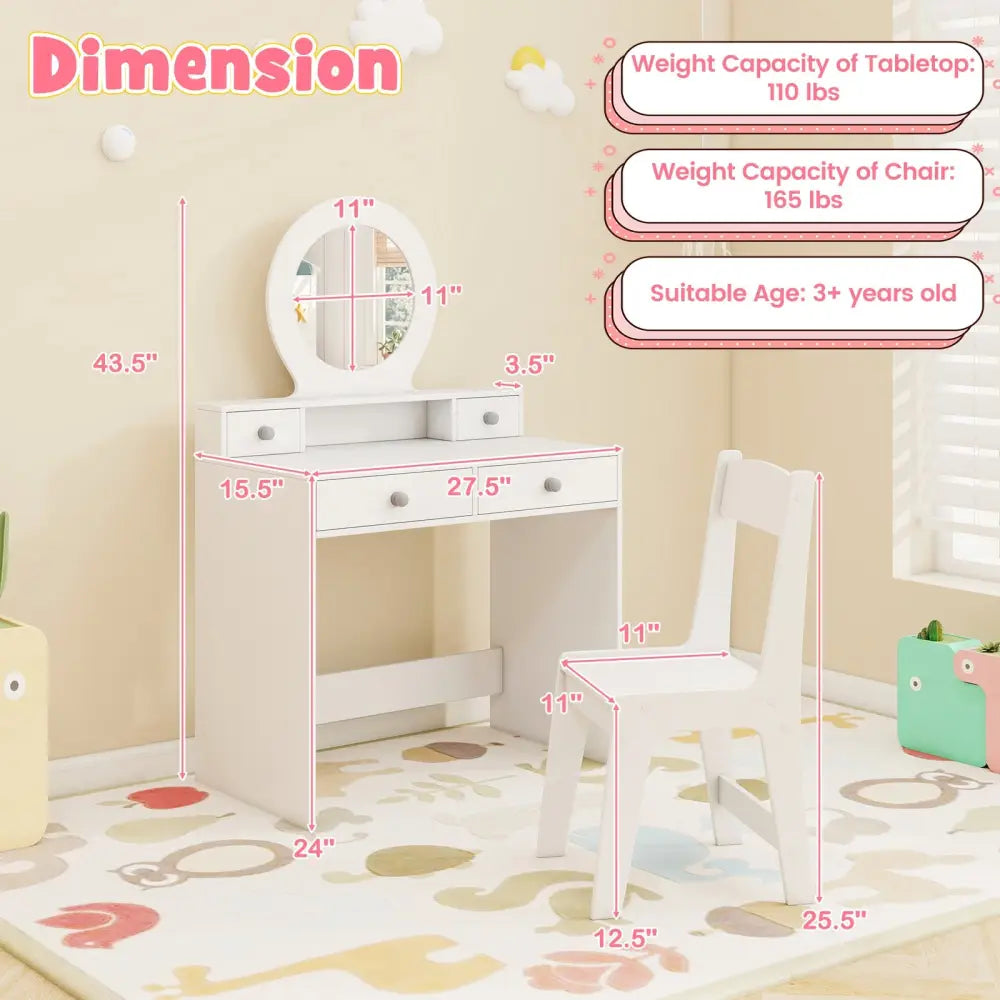 Kids Vanity Set with Mirror Princess Makeup Dressing Desk and Chair Set with Mirror-White - White - Kids Vanities