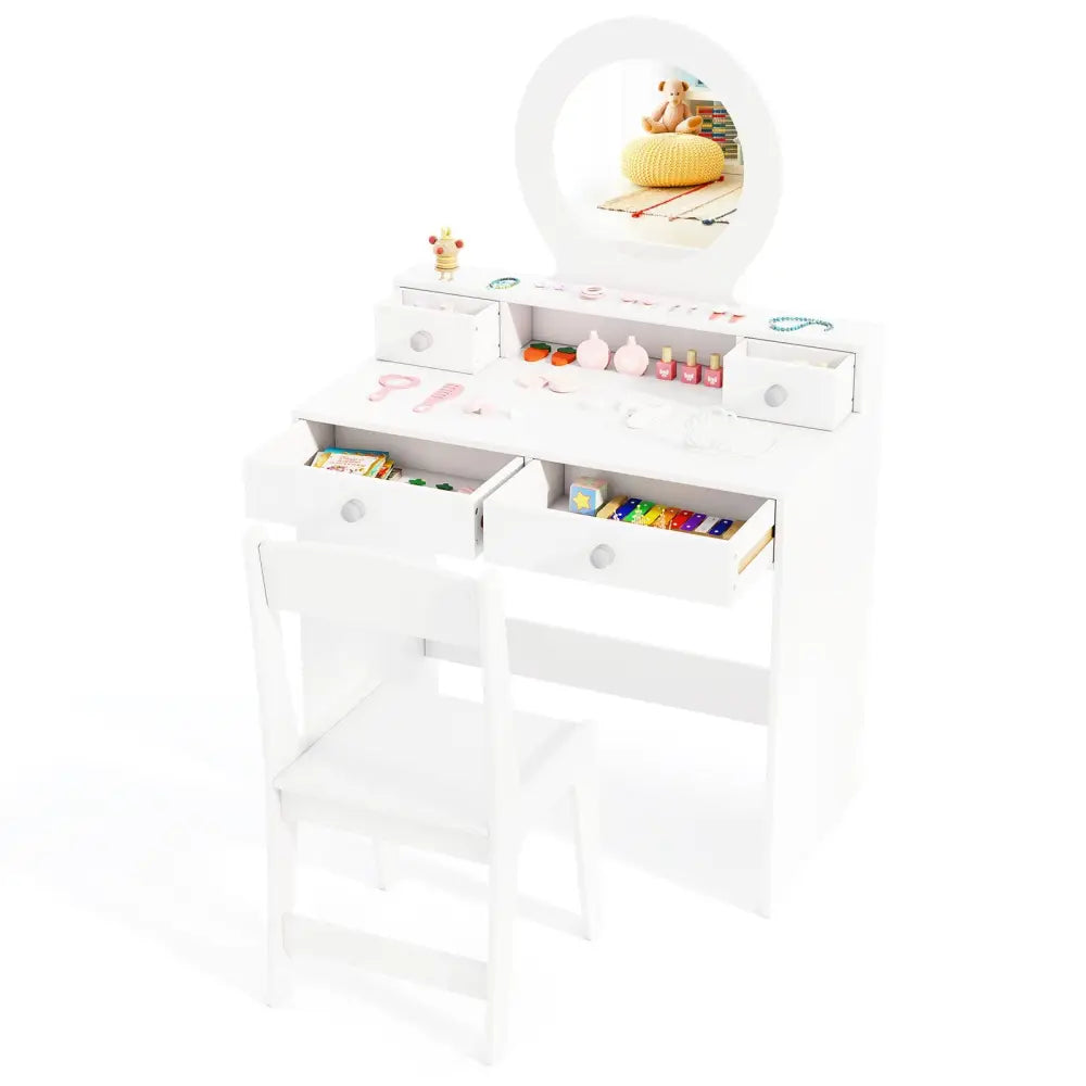 Kids Vanity Set with Mirror Princess Makeup Dressing Desk and Chair Set with Mirror-White - White - Kids Vanities