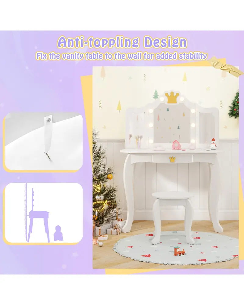 Kids Vanity Set with Tri-fold Lighted Mirror Detachable Top and Stool-White - White - Kids Vanities