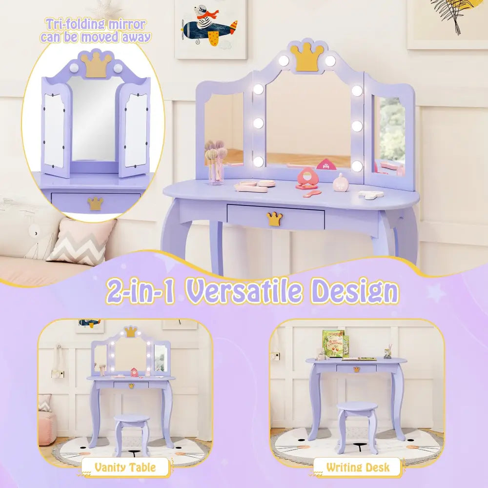 Kids Vanity Set with Tri-fold Lighted Mirror Detachable Top and Stool-Purple - Purple - Kids Vanities