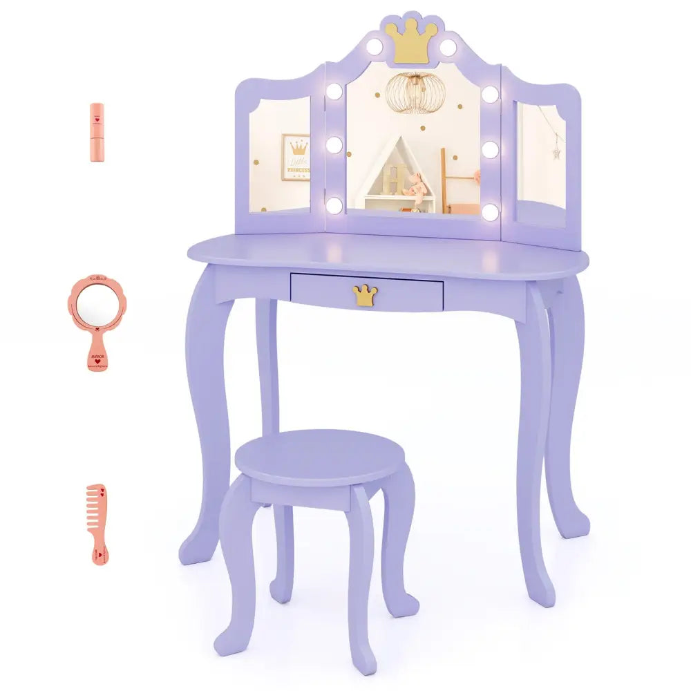 Kids Vanity Set with Tri-fold Lighted Mirror Detachable Top and Stool-Purple - Purple - Kids Vanities