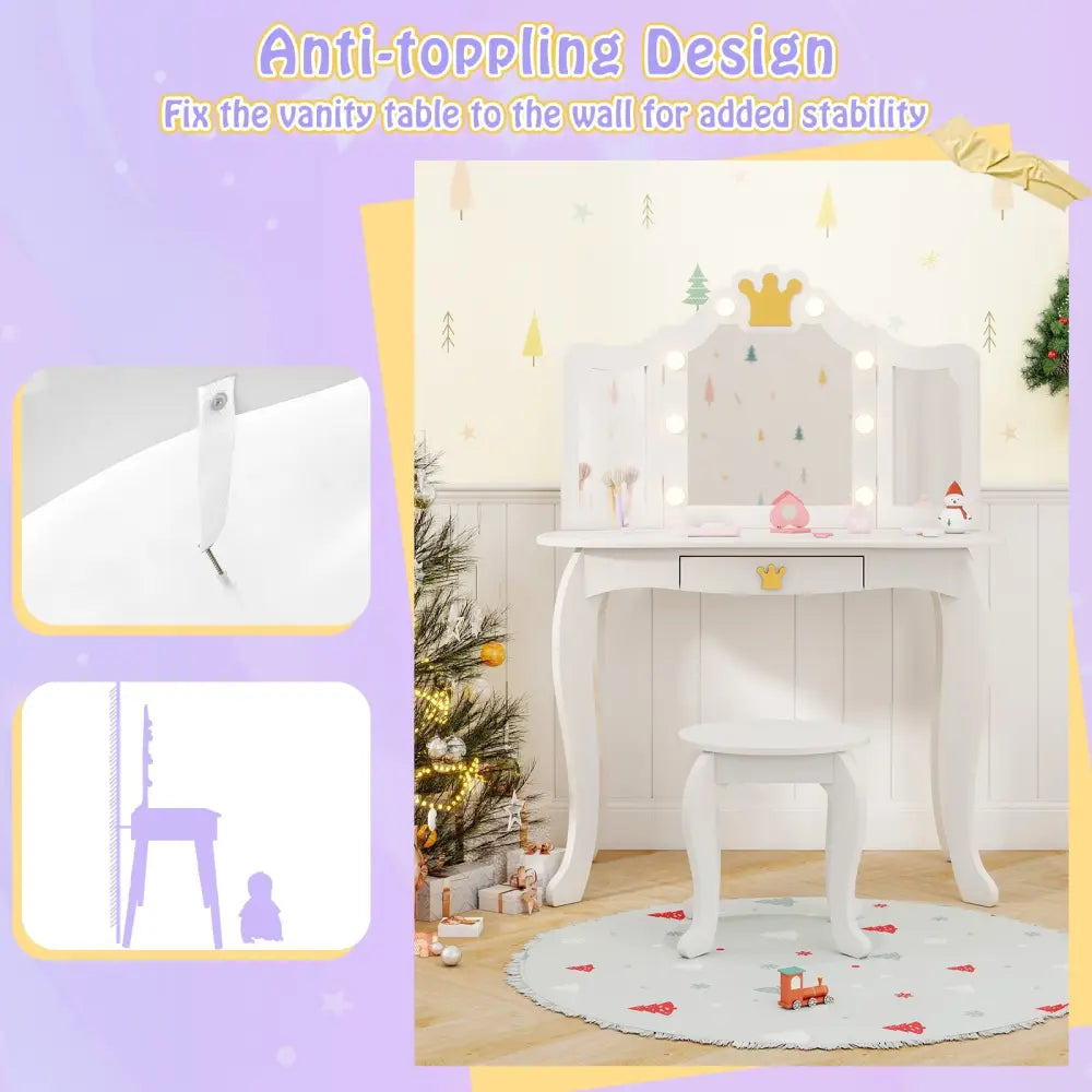 Kids Vanity Set with Tri-fold Lighted Mirror Detachable Top and Stool-White - White - Kids Vanities