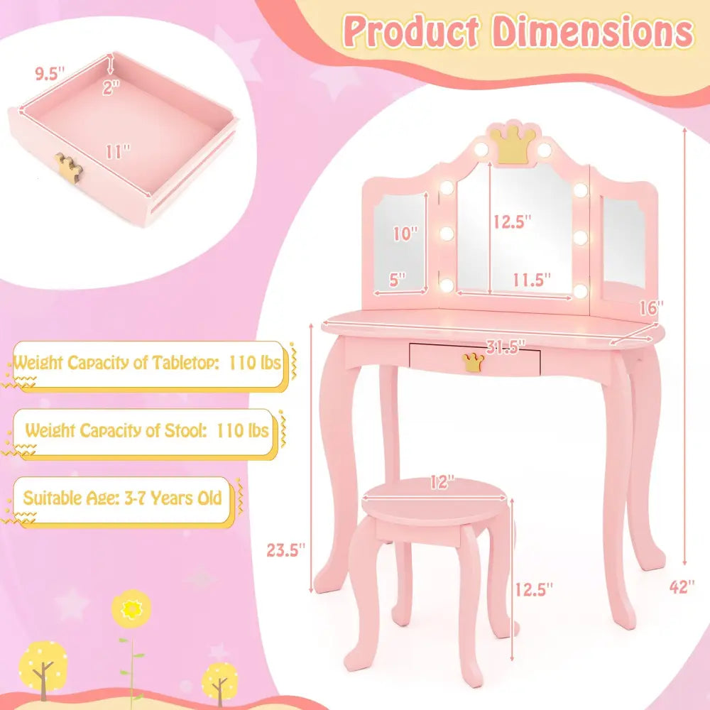 Kids Vanity Set with Tri-fold Lighted Mirror Detachable Top and Stool-Pink - Pink - Kids Vanities