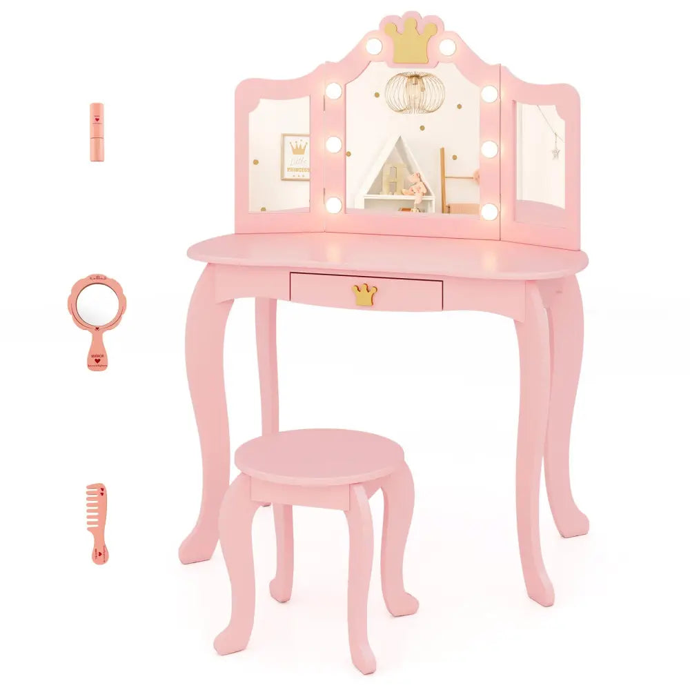 Kids Vanity Set with Tri-fold Lighted Mirror Detachable Top and Stool-Pink - Pink - Kids Vanities