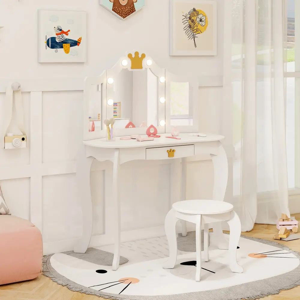 Kids Vanity Set with Tri-fold Lighted Mirror Detachable Top and Stool-White - White - Kids Vanities