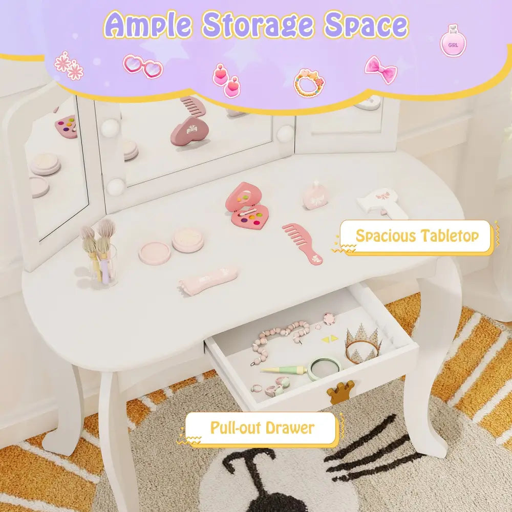 Kids Vanity Set with Tri-fold Lighted Mirror Detachable Top and Stool-White - White - Kids Vanities