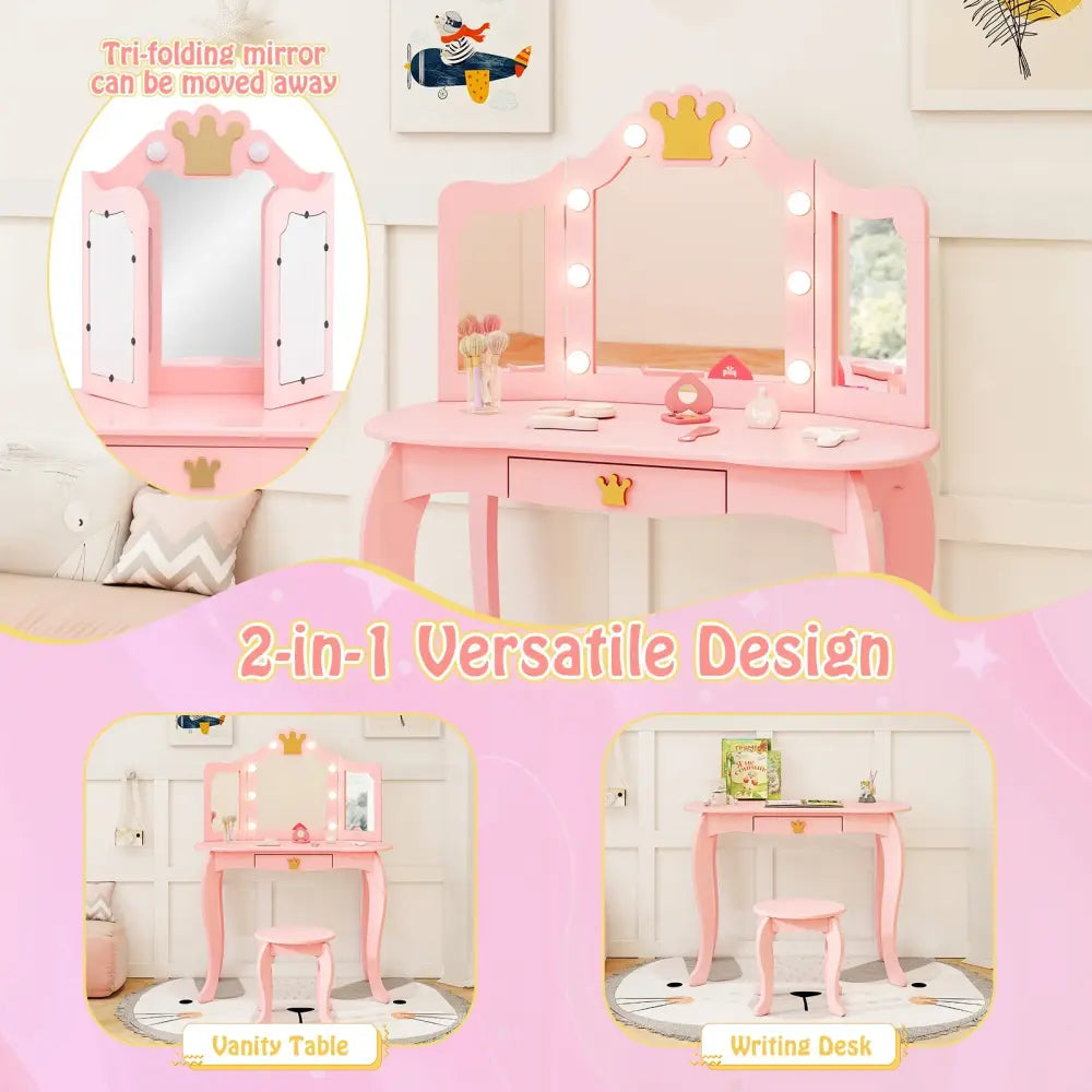 Kids Vanity Set with Tri-fold Lighted Mirror Detachable Top and Stool-Pink - Pink - Kids Vanities