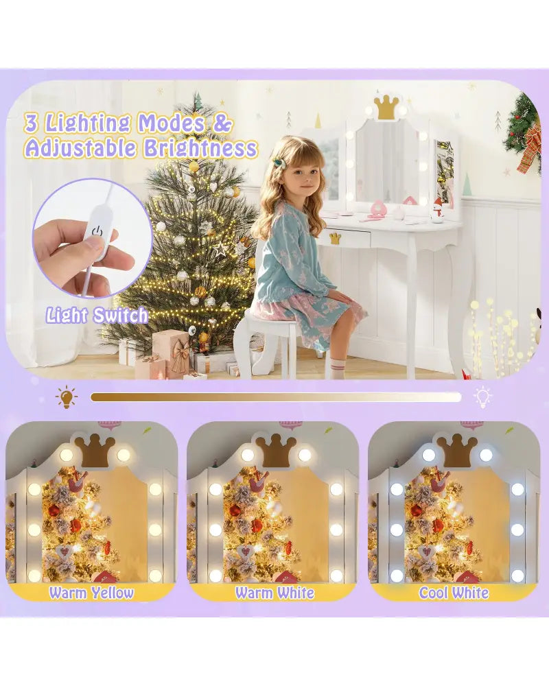 Kids Vanity Set with Tri-fold Lighted Mirror Detachable Top and Stool-White - White - Kids Vanities