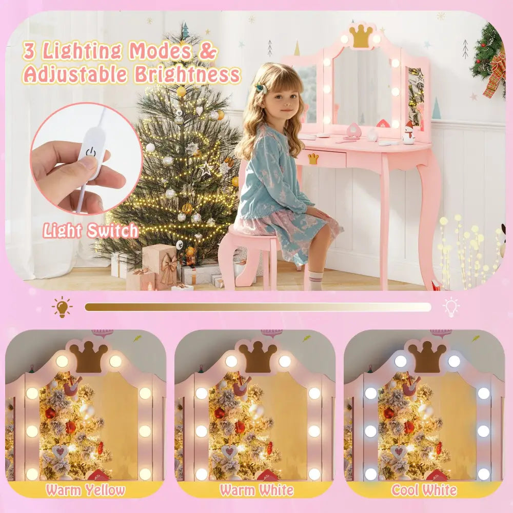 Kids Vanity Set with Tri-fold Lighted Mirror Detachable Top and Stool-Pink - Pink - Kids Vanities