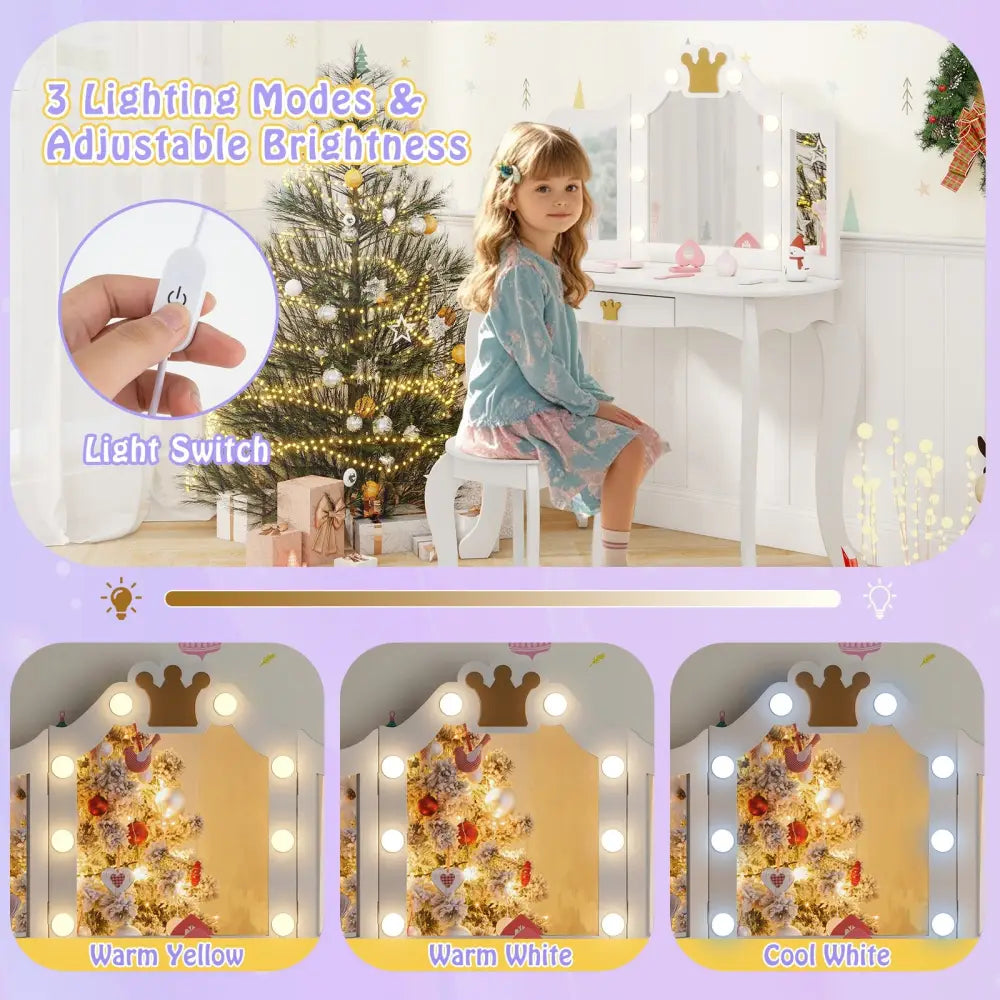 Kids Vanity Set with Tri-fold Lighted Mirror Detachable Top and Stool-White - White - Kids Vanities