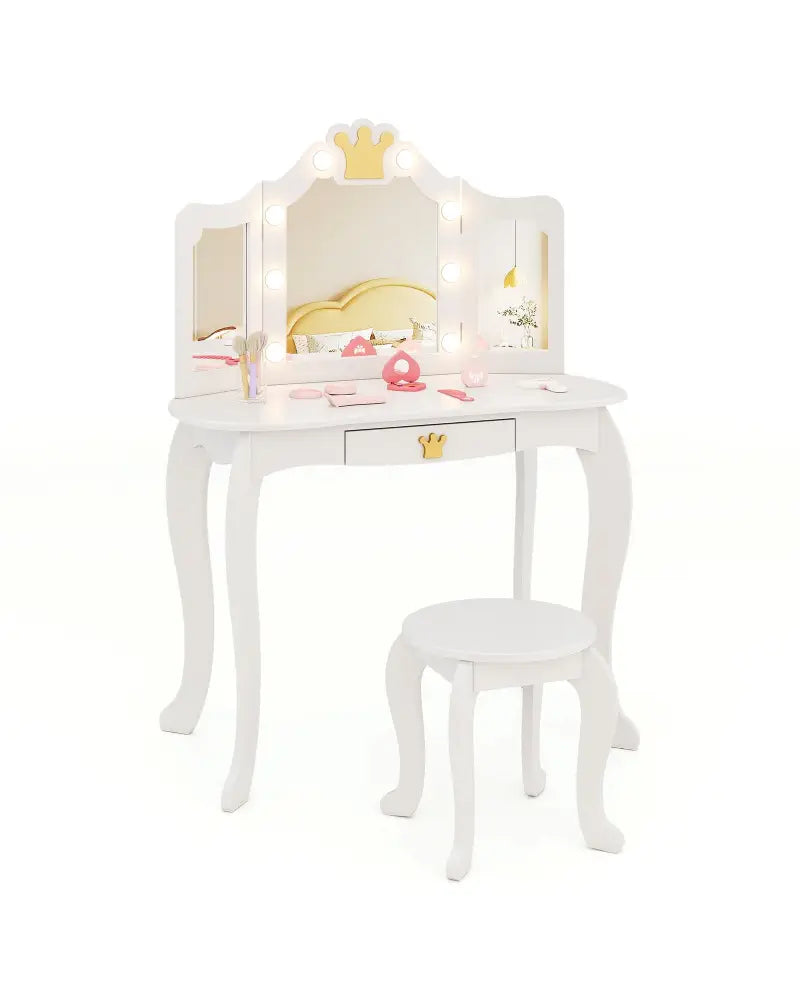 Kids Vanity Set with Tri-fold Lighted Mirror Detachable Top and Stool-White - White - Kids Vanities