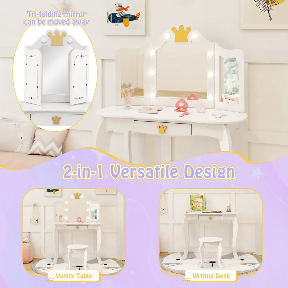 Kids Vanity Set with Tri-fold Lighted Mirror Detachable Top and Stool-White - White - Kids Vanities