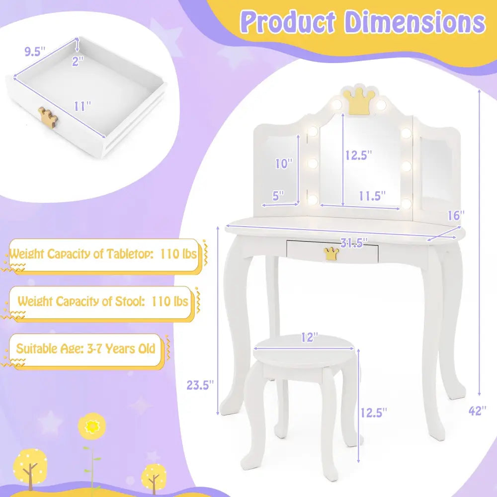 Kids Vanity Set with Tri-fold Lighted Mirror Detachable Top and Stool-White - White - Kids Vanities