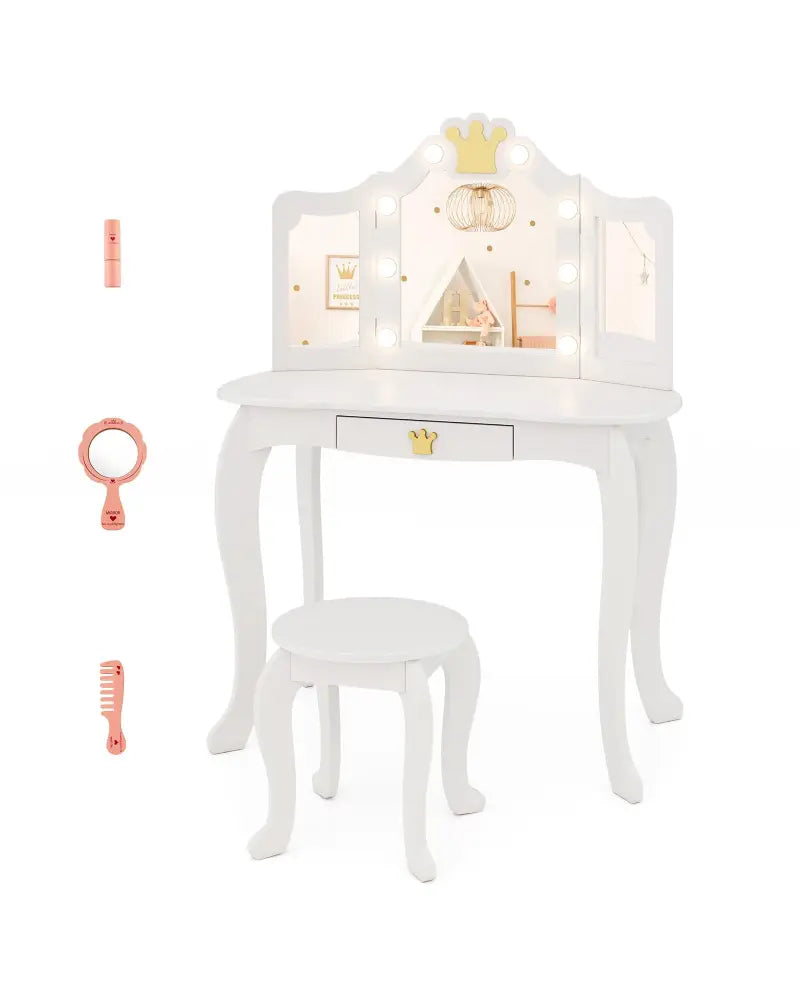 Kids Vanity Set with Tri-fold Lighted Mirror Detachable Top and Stool-White - White - Kids Vanities