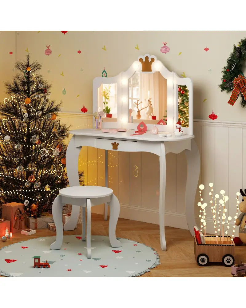 Kids Vanity Set with Tri-fold Lighted Mirror Detachable Top and Stool-White - White - Kids Vanities
