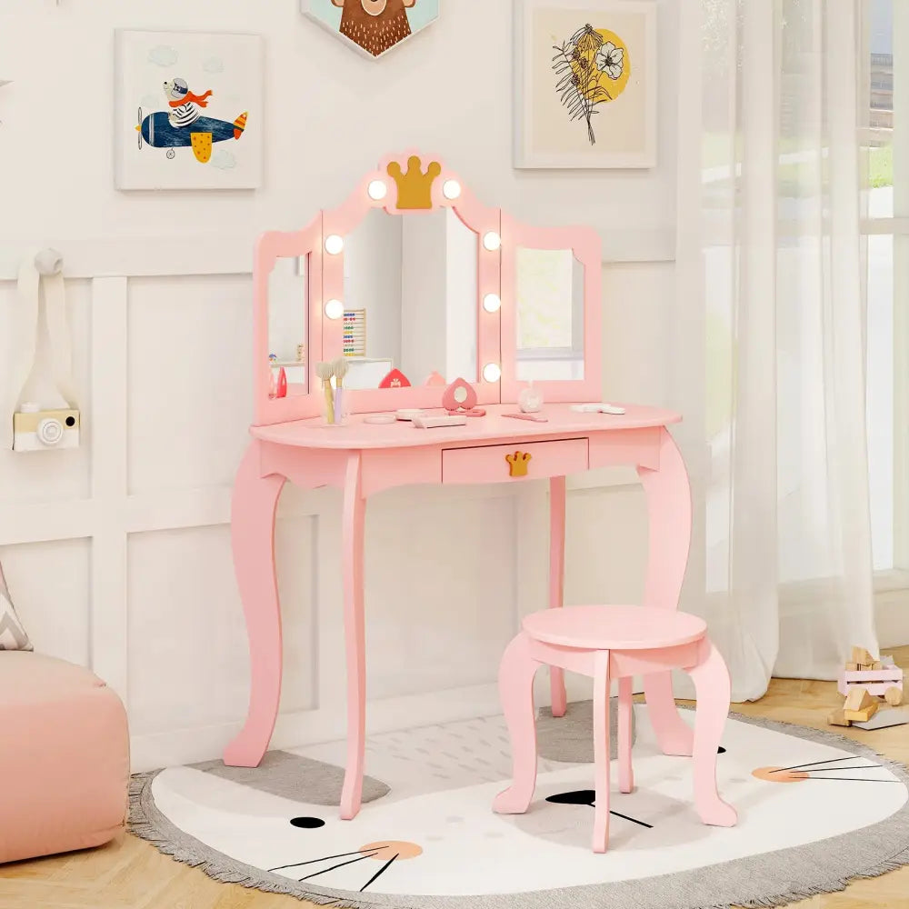 Kids Vanity Set with Tri-fold Lighted Mirror Detachable Top and Stool-Pink - Pink - Kids Vanities