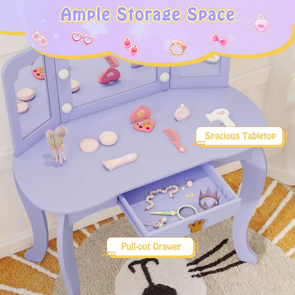 Kids Vanity Set with Tri-fold Lighted Mirror Detachable Top and Stool-Purple - Purple - Kids Vanities