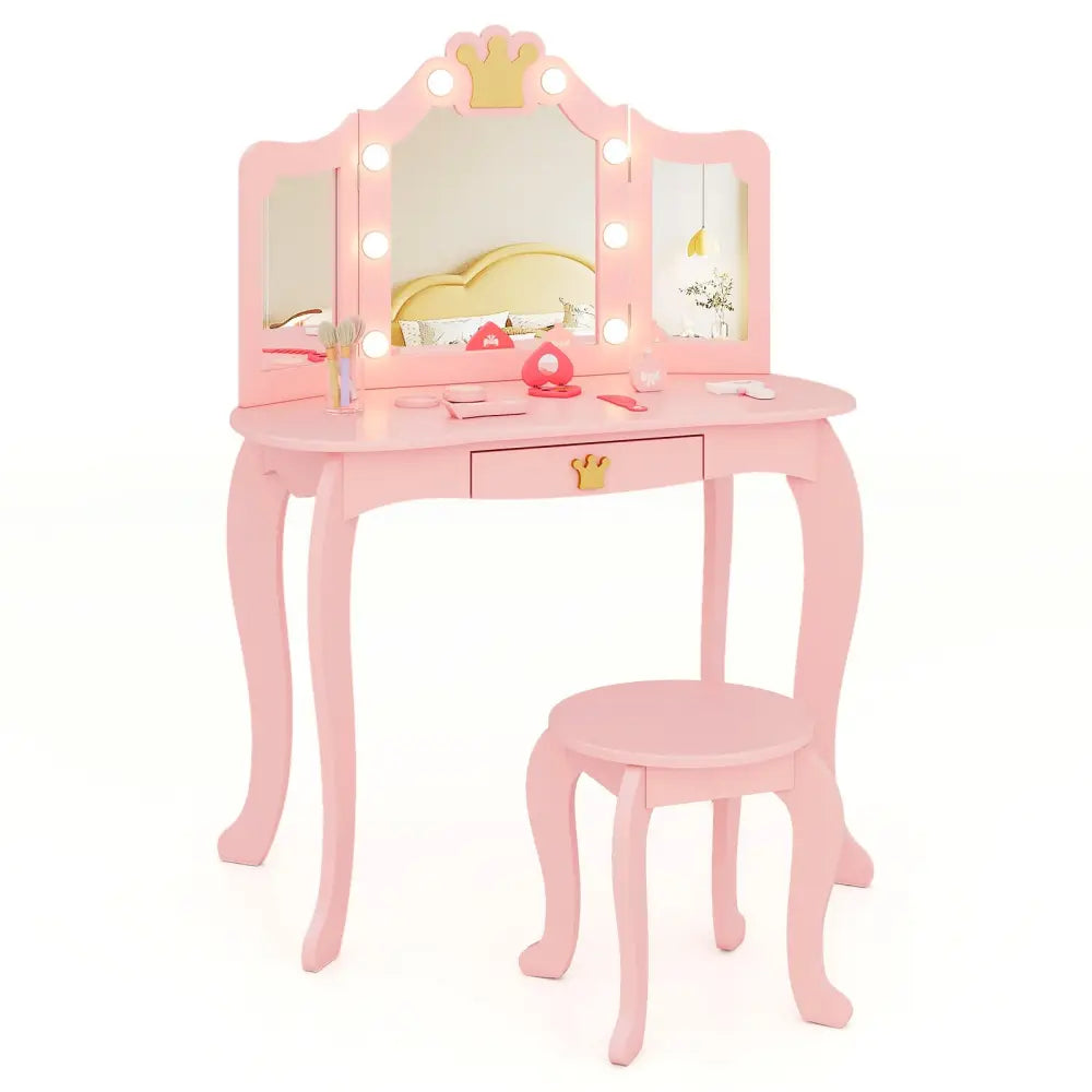 Kids Vanity Set with Tri-fold Lighted Mirror Detachable Top and Stool-Pink - Pink - Kids Vanities