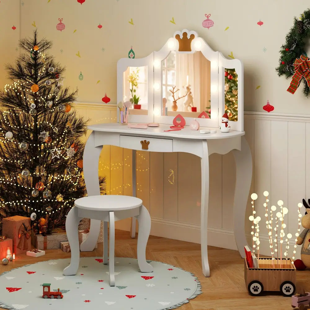 Kids Vanity Set with Tri-fold Lighted Mirror Detachable Top and Stool-White - White - Kids Vanities