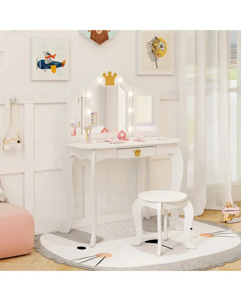 Kids Vanity Set with Tri-fold Lighted Mirror Detachable Top and Stool-White - White - Kids Vanities
