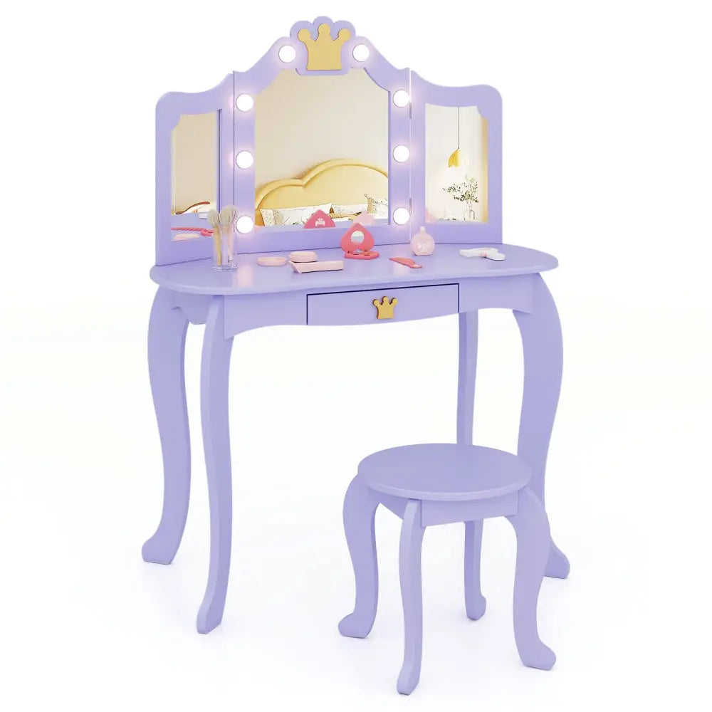 Kids Vanity Set with Tri-fold Lighted Mirror Detachable Top and Stool-Purple - Purple - Kids Vanities