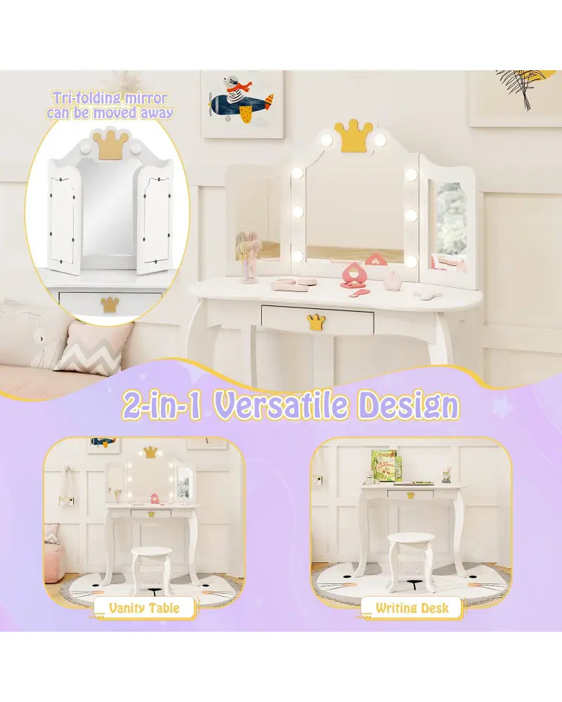 Kids Vanity Set with Tri-fold Lighted Mirror Detachable Top and Stool-White - White - Kids Vanities