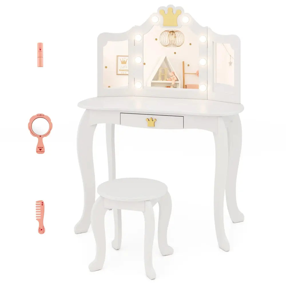 Kids Vanity Set with Tri-fold Lighted Mirror Detachable Top and Stool-White - White - Kids Vanities