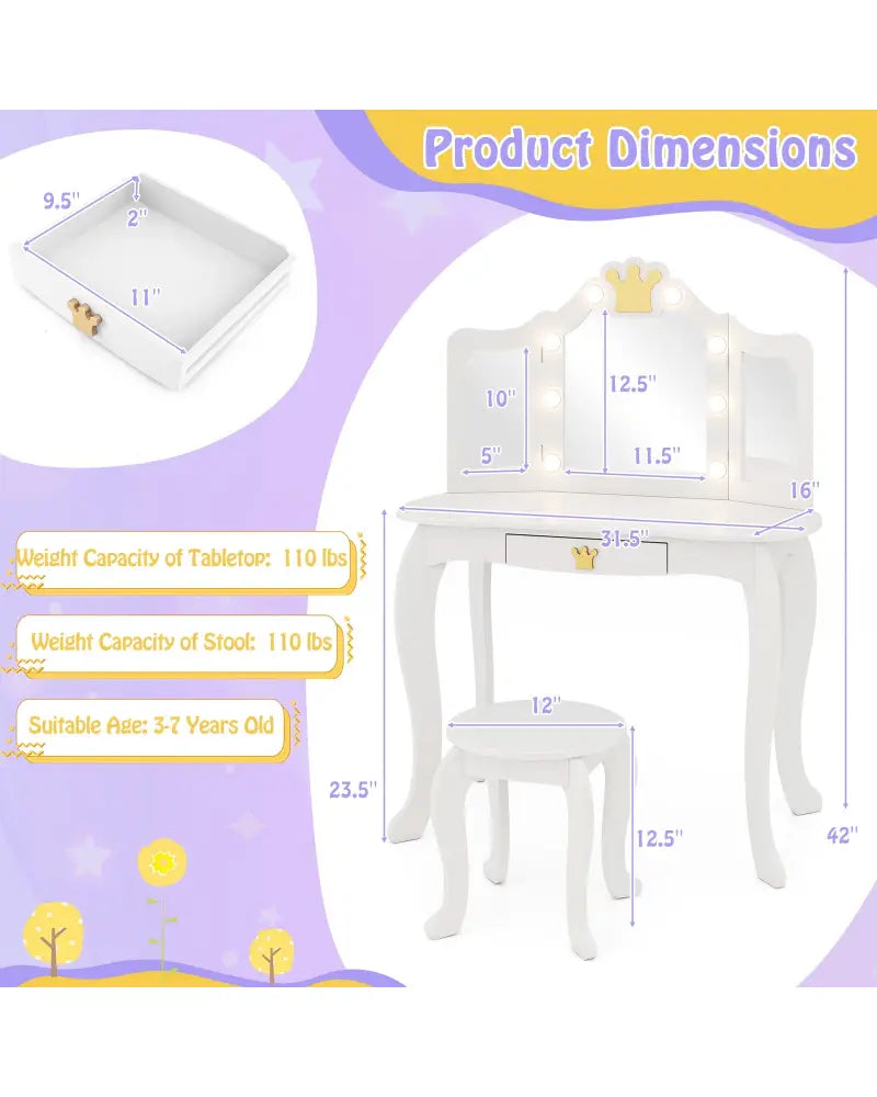 Kids Vanity Set with Tri-fold Lighted Mirror Detachable Top and Stool-White - White - Kids Vanities