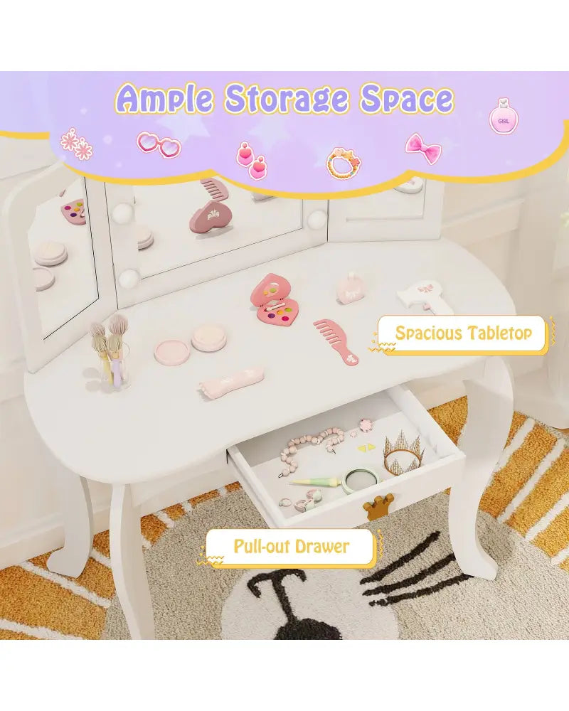 Kids Vanity Set with Tri-fold Lighted Mirror Detachable Top and Stool-White - White - Kids Vanities
