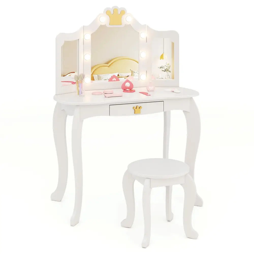 Kids Vanity Set with Tri-fold Lighted Mirror Detachable Top and Stool-White - White - Kids Vanities
