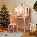 Kids Vanity Set with Tri-fold Lighted Mirror Detachable Top and Stool-Pink - Pink - Kids Vanities
