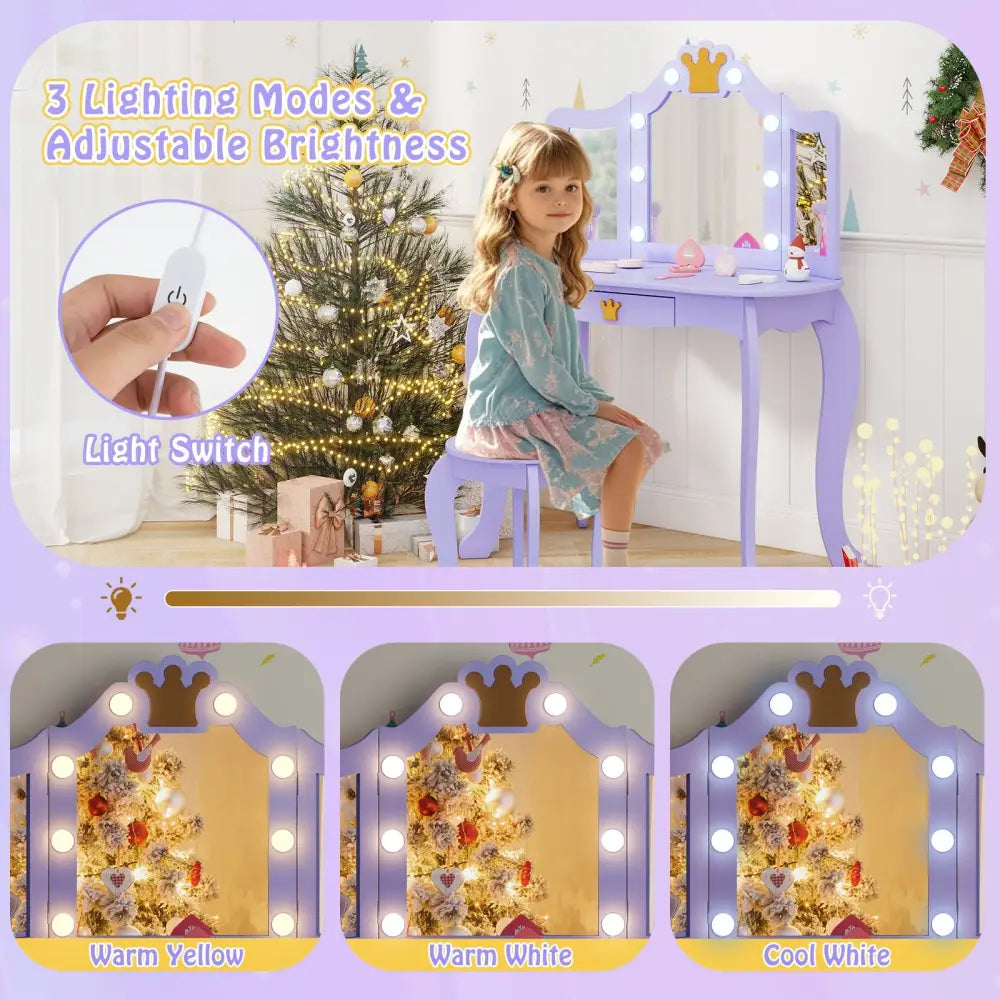Kids Vanity Set with Tri-fold Lighted Mirror Detachable Top and Stool-Purple - Purple - Kids Vanities