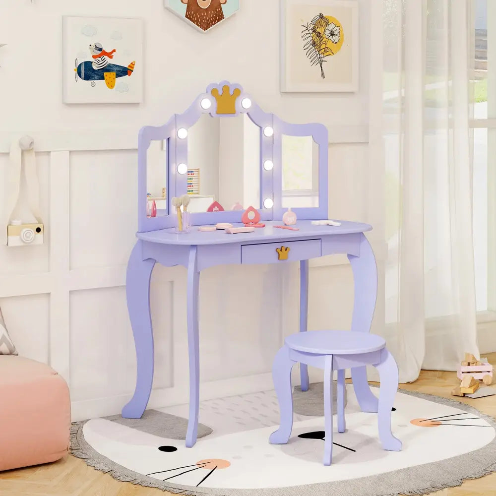 Kids Vanity Set with Tri-fold Lighted Mirror Detachable Top and Stool-Purple - Purple - Kids Vanities