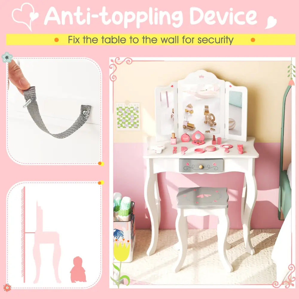 Kids Vanity Set with Tri-folding Mirror-White - White - Kids Vanities