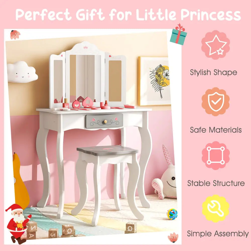 Kids Vanity Set with Tri-folding Mirror-White - White - Kids Vanities