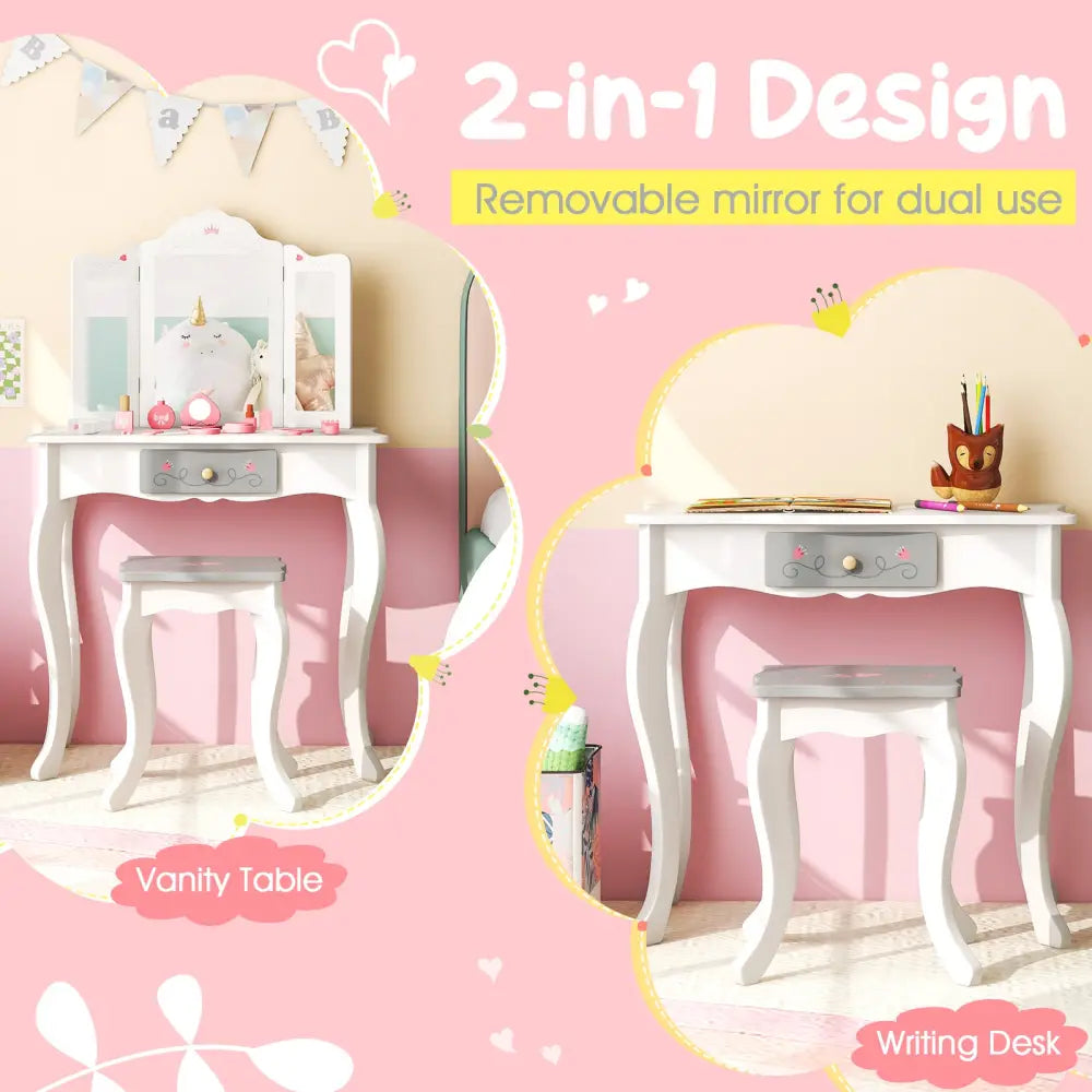 Kids Vanity Set with Tri-folding Mirror-White - White - Kids Vanities
