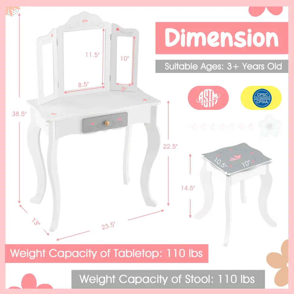 Kids Vanity Set with Tri-folding Mirror-White - White - Kids Vanities