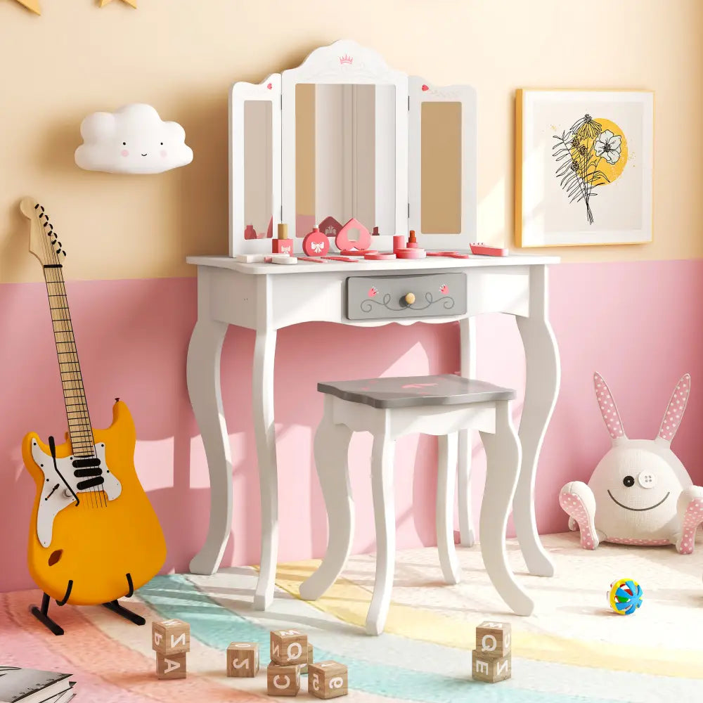 Kids Vanity Set with Tri-folding Mirror-White - White - Kids Vanities