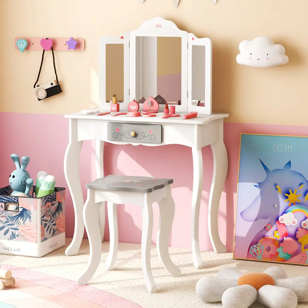Kids Vanity Set with Tri-folding Mirror-White - White - Kids Vanities