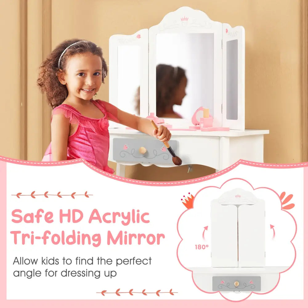 Kids Vanity Set with Tri-folding Mirror-White - White - Kids Vanities