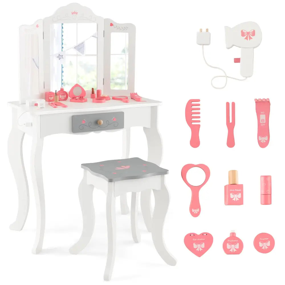 Kids Vanity Set with Tri-folding Mirror-White - White - Kids Vanities