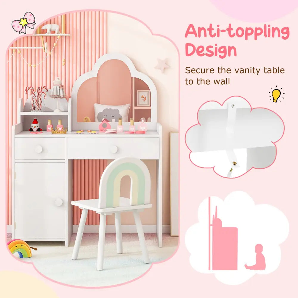 Kids Vanity Table and Chair Set with Cloud-shaped Mirror and Open Shelf-White - White - Kids Vanities